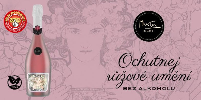 Růžový veganský Mucha Sekt vítězem Volby spotřebitelů 2023.jpg Růžový veganský Mucha Sekt vítězem Volby spotřebitelů 2023